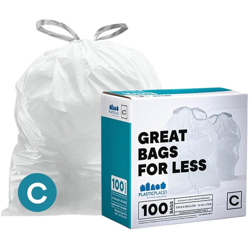 Plasticplace Trash Bags | Compatible with Simplehuman Code C | (100 Count)|White Drawstring Garbage Liners 2.6-3.2 Gallon, 10-12 Liter | 14.75" x 20" - Image 1